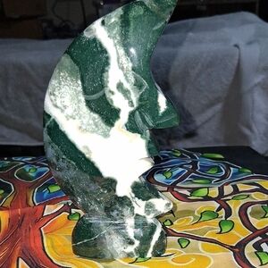 Green and White Moss Agate Moon Sculpture